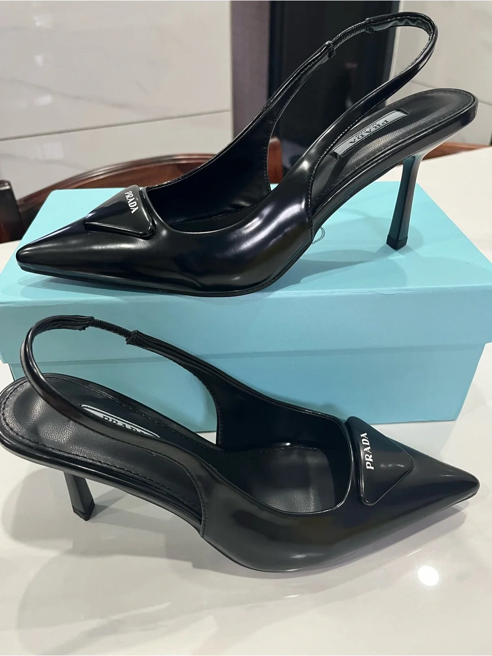Prada Black Patent Pointed Slingback Pumps